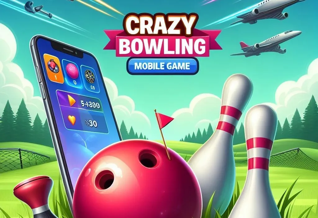 Crazy Bowling — a bowling ball and pins in front of a phone showing the game
