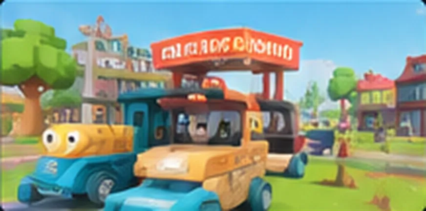 Everyone’s Train Town — cartoon trains with friendly faces in a colourful toy town