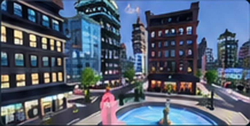 MCI Land — a stylised virtual city plaza with a fountain and tall buildings