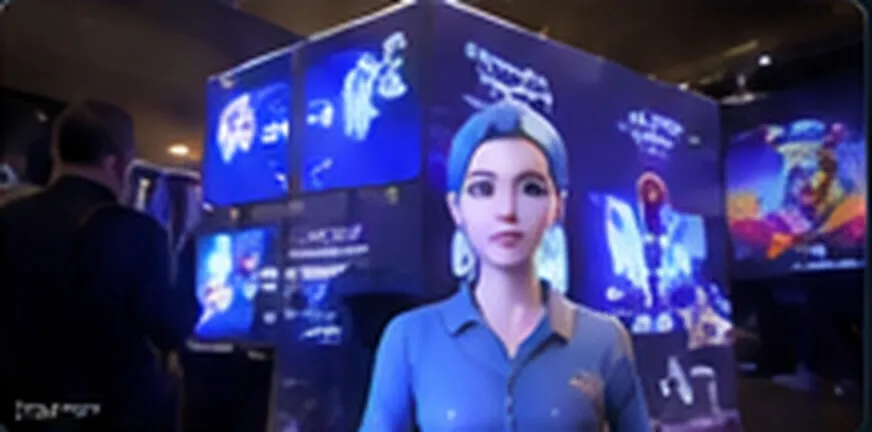An AI assistant avatar shown on large screens at an exhibition booth