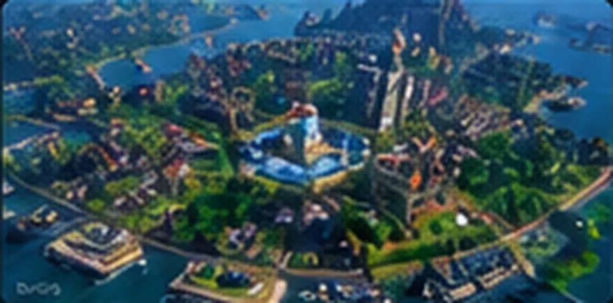 NewCity — aerial view of a sprawling city spread across green islands