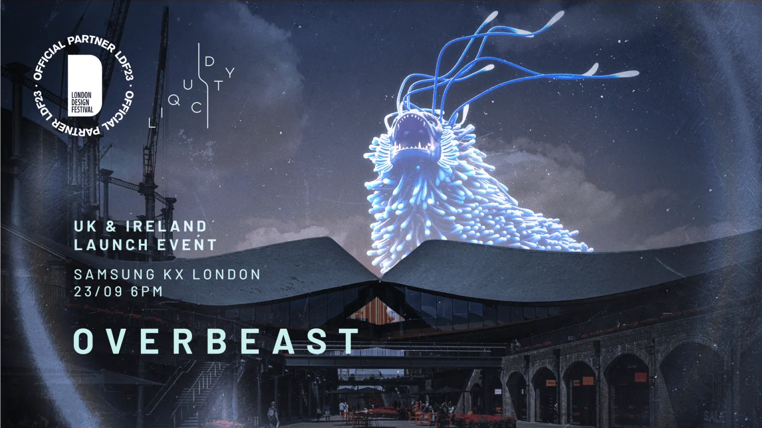 Overbeast — launch event poster with a glowing AR creature above the London skyline