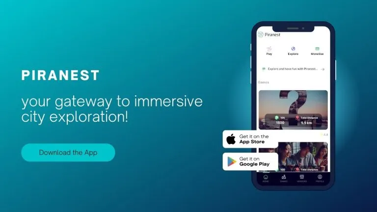 Piranest — app promo banner reading "your gateway to immersive city exploration" next to a phone
