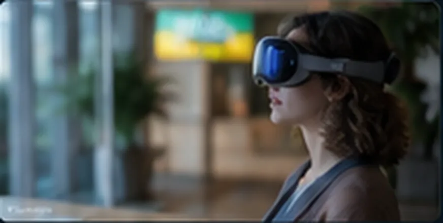 VisionPro MR — a person wearing a mixed-reality headset in a bright office lobby